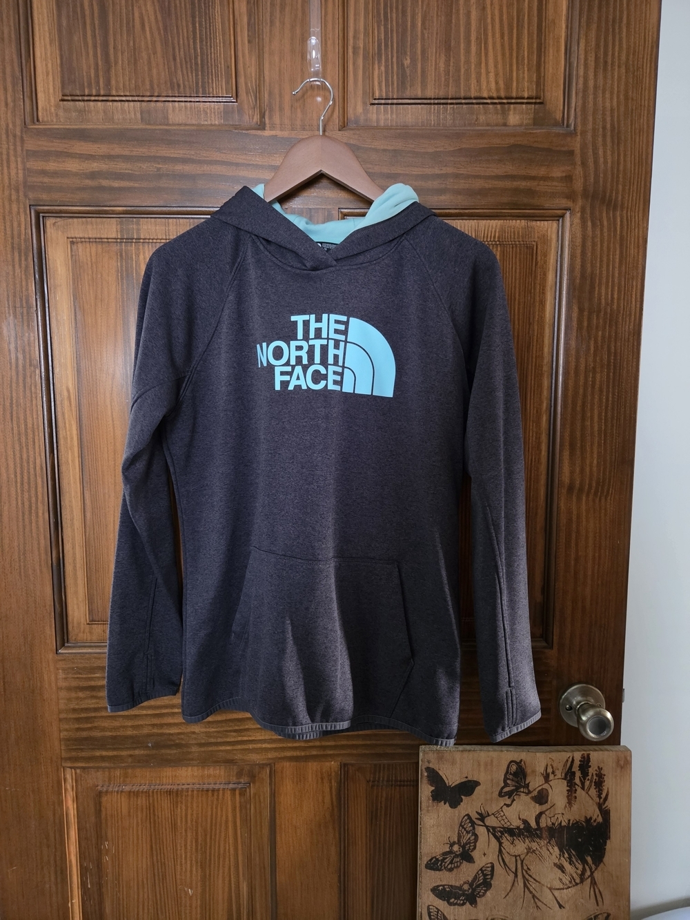 The North Face Charcoal Hoodie with Aqua Logo